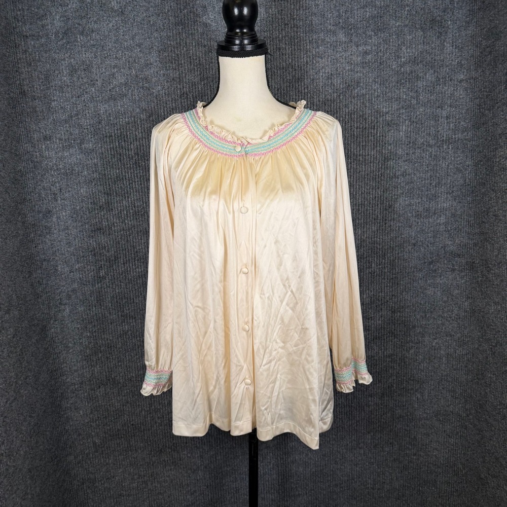 Vintage Smocked Bed Jacket Womens S Cream Pastel Ruffle Button Front Loungewear